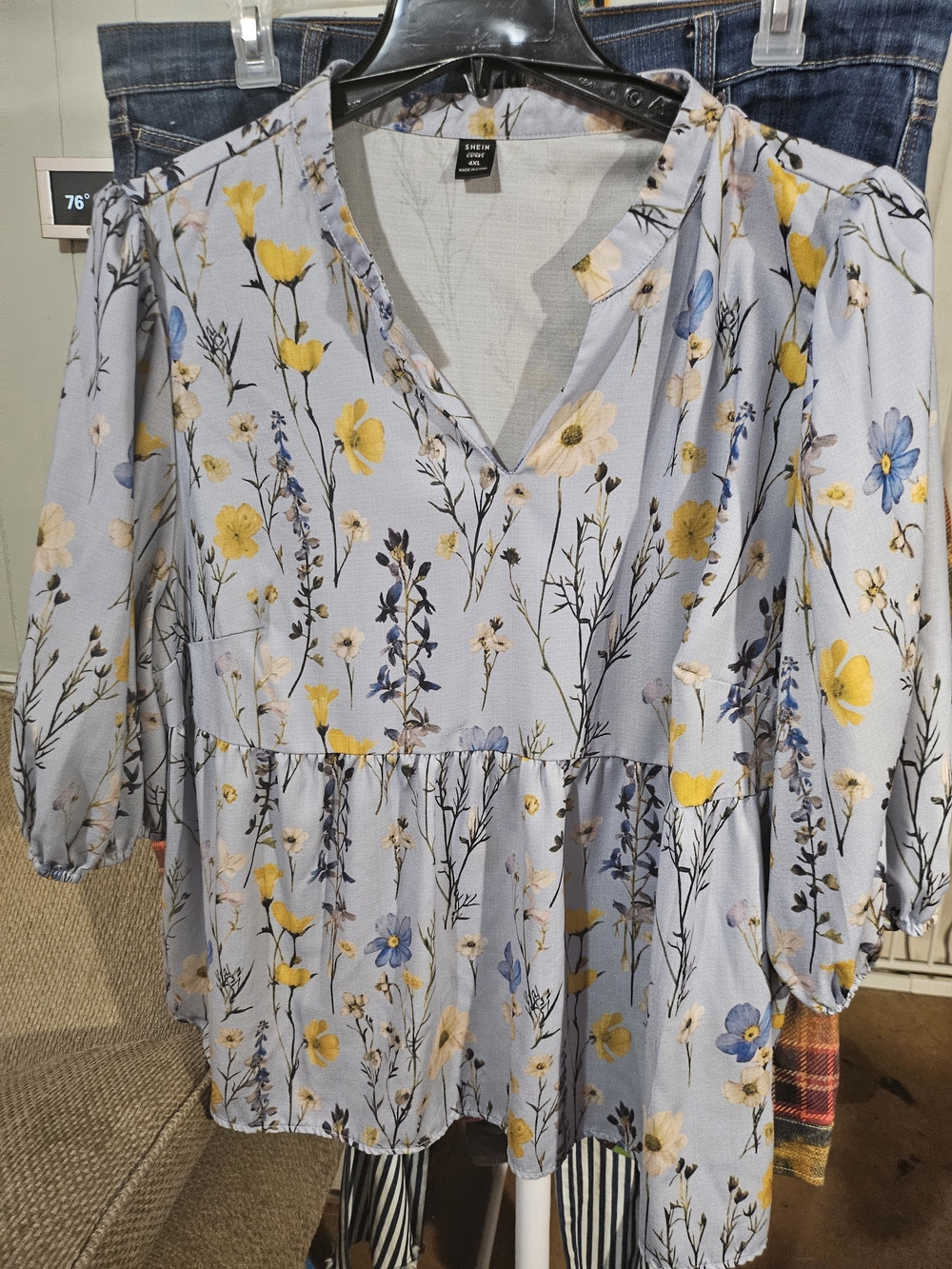 SHEIN Light Blue Yellow & Blue Floral V-Neck Peasant Tunic